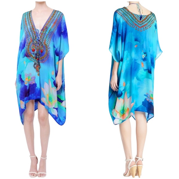 SHAHIDA PARIDES BLUE FLORAL PRINT SILK SHORT CAFTAN MULTI WEAR DRESS - ONE SIZE - Picture 1 of 16